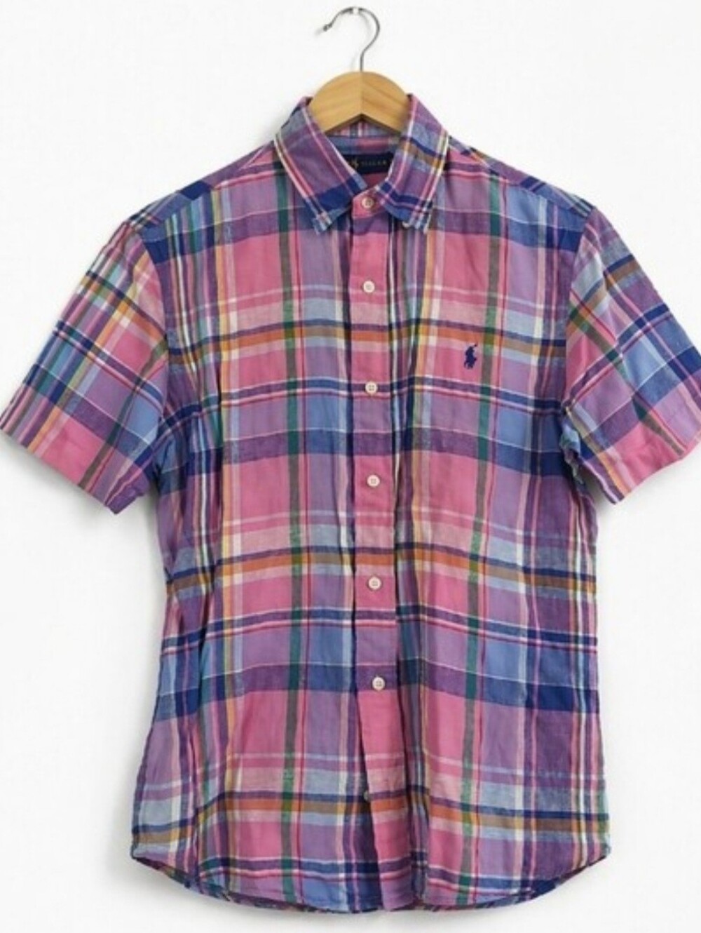 Polo Ralph Lauren Linen Shirt Men's Small Pink Blue Plaid Short Sleeve Pony Logo
